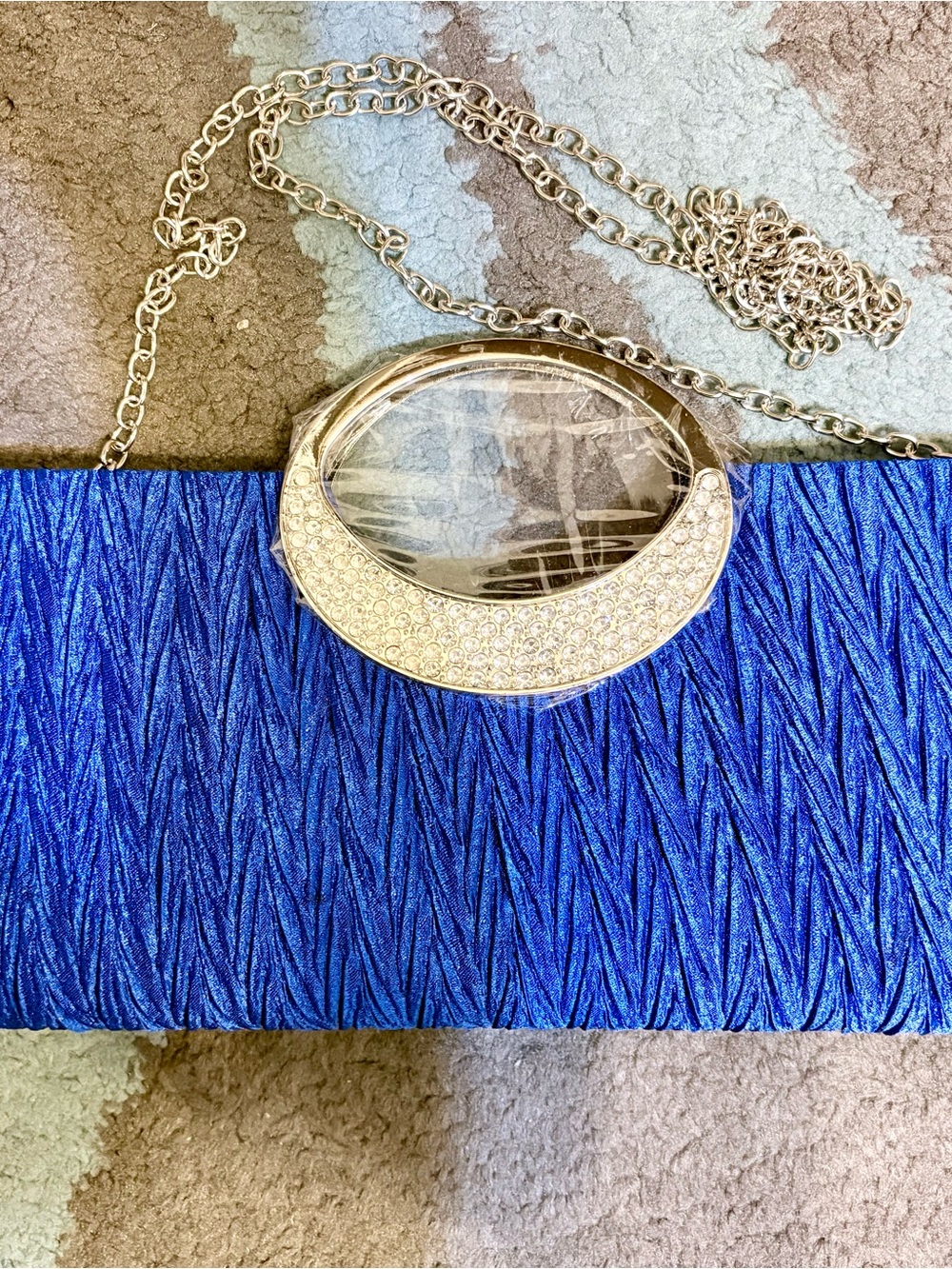 Silver Crystal Accent Chain Clutch in Royal Blue